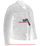 Men's rough rub-off raw finish denim motorcycle jacket front angle holster