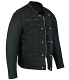 Men's rough rub-off raw finish denim motorcycle jacket front angle unbuttoned