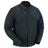 Men's rough rub-off raw finish denim motorcycle jacket front angle