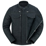 Men's rough rub-off raw finish denim motorcycle jacket hidden front pocket