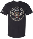 Short sleeve motorcycle shirt with chain and flying skull graphic