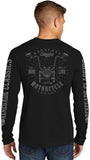 Rider showing back of men's motorcycle t-shirt with handlebars design