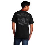Rider wearing Renegade Classics motorcycle handlebar design short sleeve t-shirt showing back
