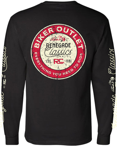 Long sleeve motorcycle t-shirt with retro sign design back