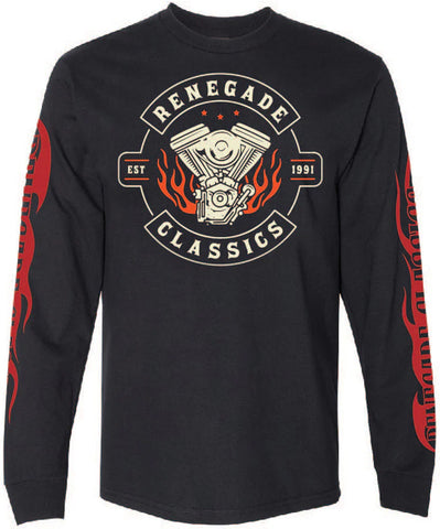 Long sleeve motorcycle shirt with flaming v-twin graphic