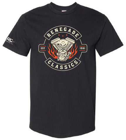 Short sleeve motorcycle t-shirt with flaming v-twin graphic