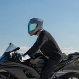 Rider wearing full face Viper model motorcycle helmet in Arctic Grey