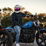 Street Bob Harley rider wearing Daytona helmet with Rainbow finish replacement shield