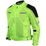 Hi-visibility armored mesh motorcycle jacket front angle view