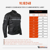 Vance Leathers 3-season mesh motorcycle jacket with CE armor sizing chart