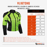 Vance Leathers women's armored 3-season mesh hi-vis motorcycle jacket sizing chart