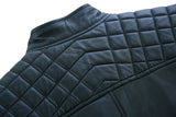 Black waxed lambskin leather cafe racer motorcycle jacket shoulder detail