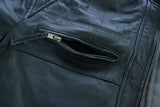 Black waxed lambskin leather cafe racer motorcycle jacket chest pocket
