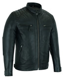Black waxed lambskin leather cafe racer motorcycle jacket front angle