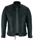 Black waxed lambskin leather cafe racer motorcycle jacket front open