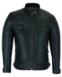 Black waxed lambskin leather cafe racer motorcycle jacket front
