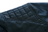 Black waxed lambskin leather cafe racer motorcycle jacket front shoulder detail