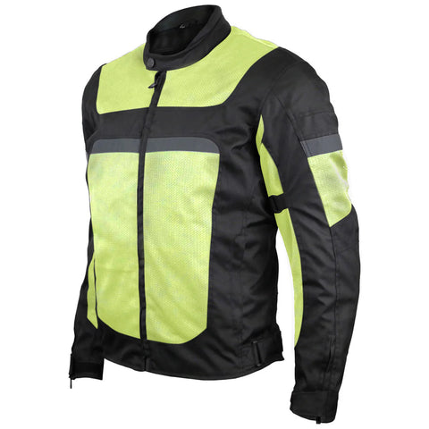 Hi-visibility armored mesh motorcycle jacket front angle view