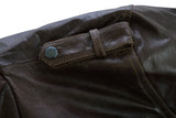 Waxed brown leather motorcycle bomber jacket shoulder detail