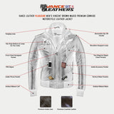 Additional features on waxed brown leather motorcycle bomber jacket