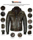 Waxed brown leather motorcycle bomber jacket features view