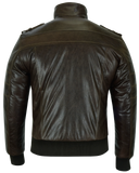 Waxed brown leather motorcycle bomber jacket back view