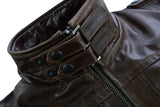 Waxed brown leather motorcycle bomber jacket collar detail