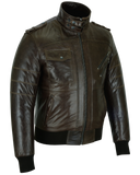 Waxed brown leather motorcycle bomber jacket front angle view no hood