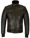 Waxed brown leather motorcycle bomber jacket front view no hood