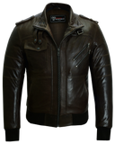 Waxed brown leather motorcycle bomber jacket front unzipped view