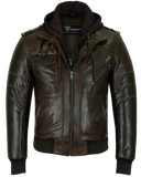 Waxed brown leather motorcycle bomber jacket front view