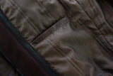 Waxed brown leather motorcycle bomber jacket inside pocket detail