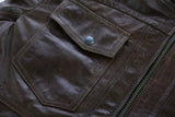 Waxed brown leather motorcycle bomber jacket chest pocket detail