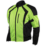 Hi-visibility armored mesh motorcycle jacket front angle view