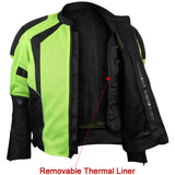 Hi-visibility armored mesh motorcycle jacket removable thermal liner