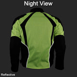 Hi-visibility armored mesh motorcycle jacket back nighttime view