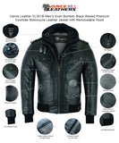 Waxed black leather motorcycle bomber jacket features detail