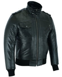 Waxed black leather motorcycle bomber jacket front angle