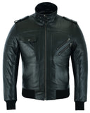 Waxed black leather motorcycle bomber jacket front no hood