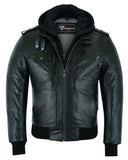 Waxed black leather motorcycle bomber jacket with hood front