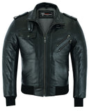 Waxed black leather motorcycle bomber jacket front open view