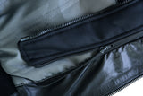 Waxed black leather motorcycle bomber jacket inside detail