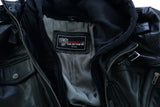 Waxed black leather motorcycle bomber jacket hood detail