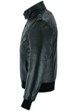 Waxed black leather motorcycle bomber jacket side view