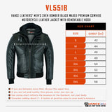 Waxed black leather motorcycle bomber jacket measuring info