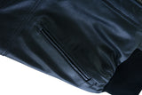 Waxed black leather motorcycle bomber jacket hand pocket detail