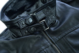 Waxed black leather motorcycle bomber jacket collar detail