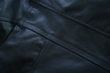 Waxed black leather motorcycle bomber jacket detail