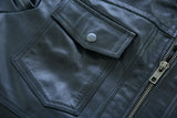 Waxed black leather motorcycle bomber jacket chest pocket