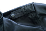 Waxed black leather motorcycle bomber jacket shoulder detail